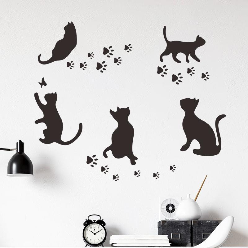 Black Cat Paw Print Wall Sticker Living Room Bedroom Decoration Mural Home Decor Wallpaper Creative Kitten Self Adhesive Decals