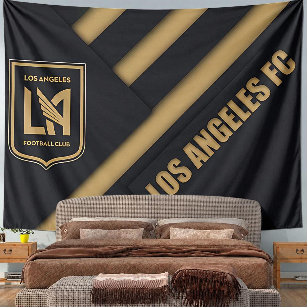 Black background with gold LAFC logo and diagonal stripes. Patterned tapestry for bedroom and living room home decor