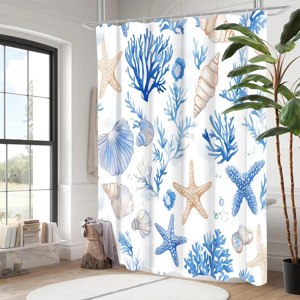 Cartoon Shell starfish  Bathing Curtain  Bathroom Shower Curtain Waterproof With 12 Hooks Home Deco