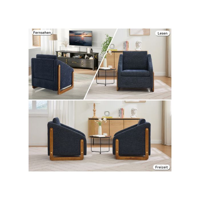 Fauteuil, Fauteuil En Bois Avec Coussin De Dossier, Tissu Velours Bleu, Pièce Unique