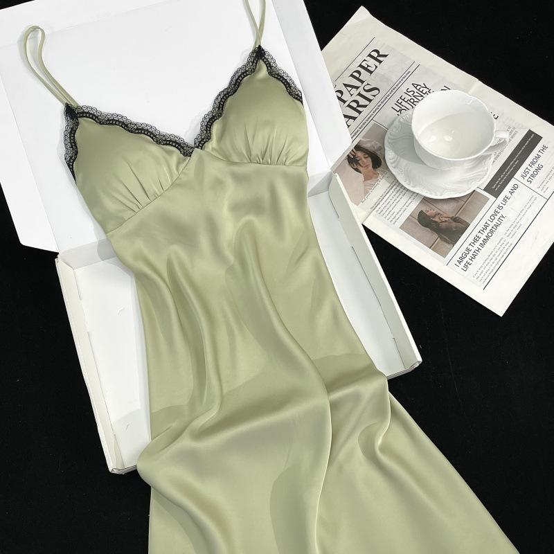 Summer new lace suspender nightdress with chest pad sexy loungewear pure desire style women's ice silk nightgown two-piece set
