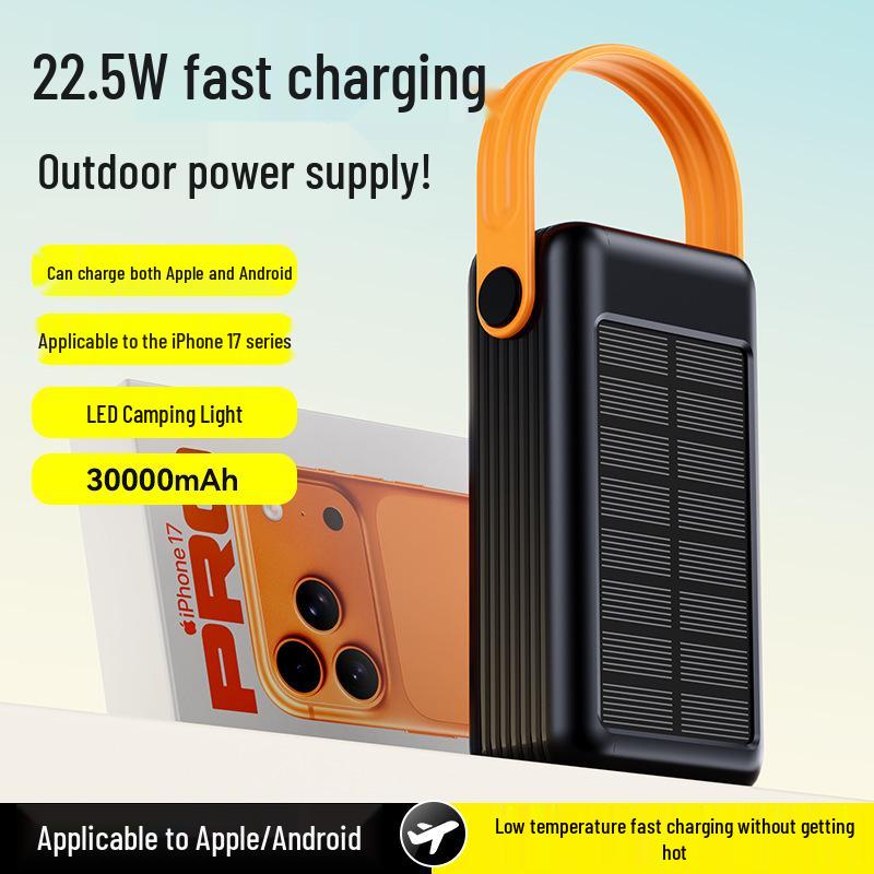 Солнечная Power Bank емкостью 30000 мАч с фонарем для кемпинга – Портативный наружный аккумулятор, сертифицированный 3C