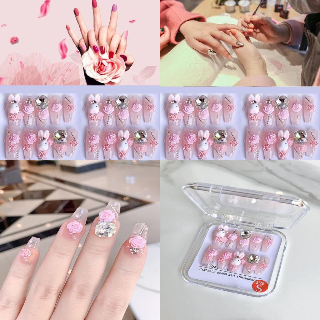 Handmade Cute Cartoon Bunny Pink Camellia Nail Art Creative Pet For Women Xs S M L Cream Hug Bunny Medium Wearable Style