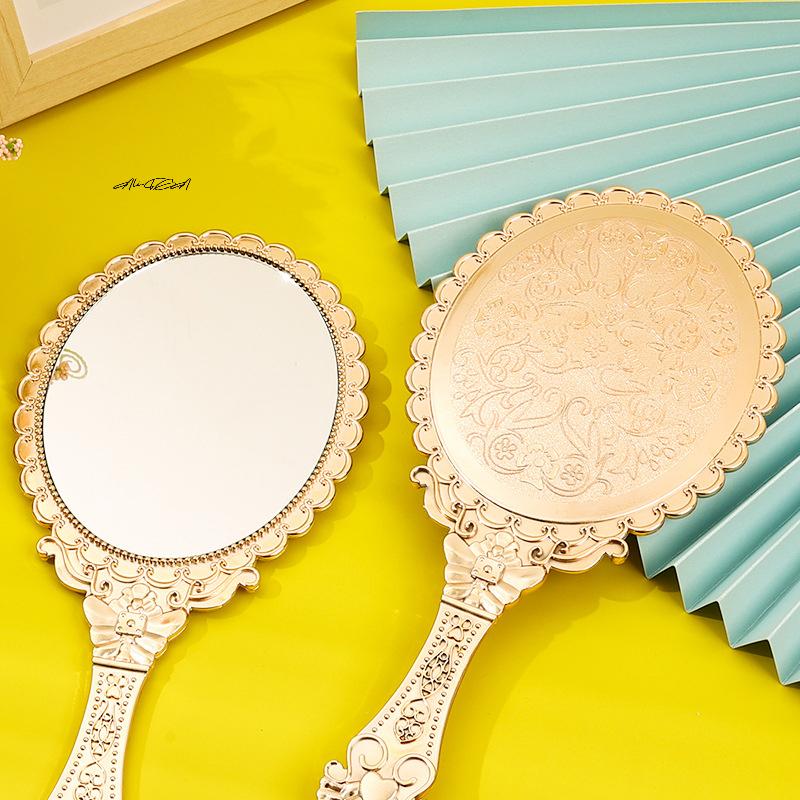 Rose Gold Vintage Portable Makeup Mirror Hand Hold Oval Round Noble Court Style Beauty Tool for On-the-Go Application