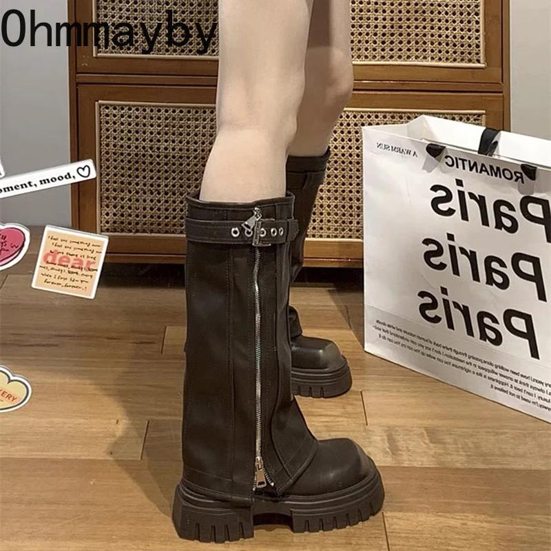 Fashion Platform Heel Knee High Boots Women Fashion Ladies Belt Buckle Knight Long Boots Autumn Winter Women's Thick Heel Shoes