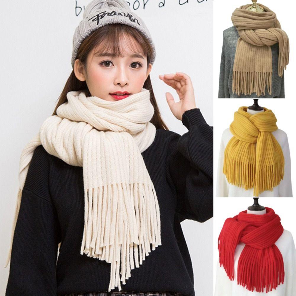 Long Tassel Solid Color Scarves Soft Knitted Scarf New Winter Cashmere Scarf  Women