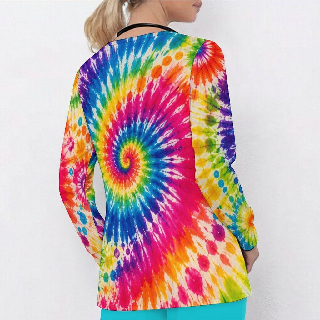 Women Plus Size Printed Scrub Top V Neck Long Sleeve With Front Pockets Nurse Uniform