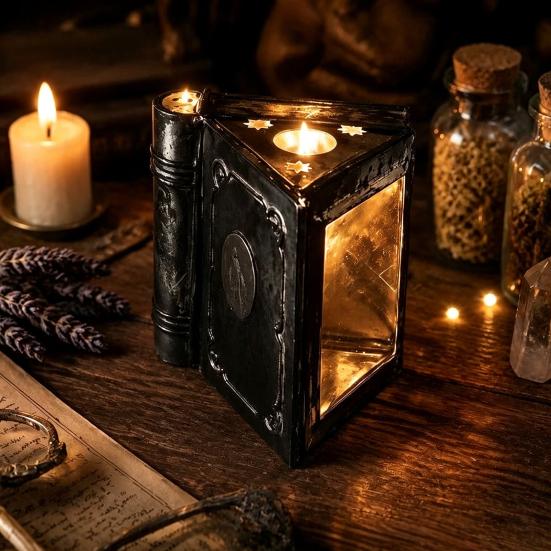Креативный Фэнтези Подарок на Церемонию Металлическая Магическая Книга Шкатулка для Свечей со Светом, Светящийся Держатель Украшение, Ручная Работа Настольное Украшение Декоративная Стойка-Колонна