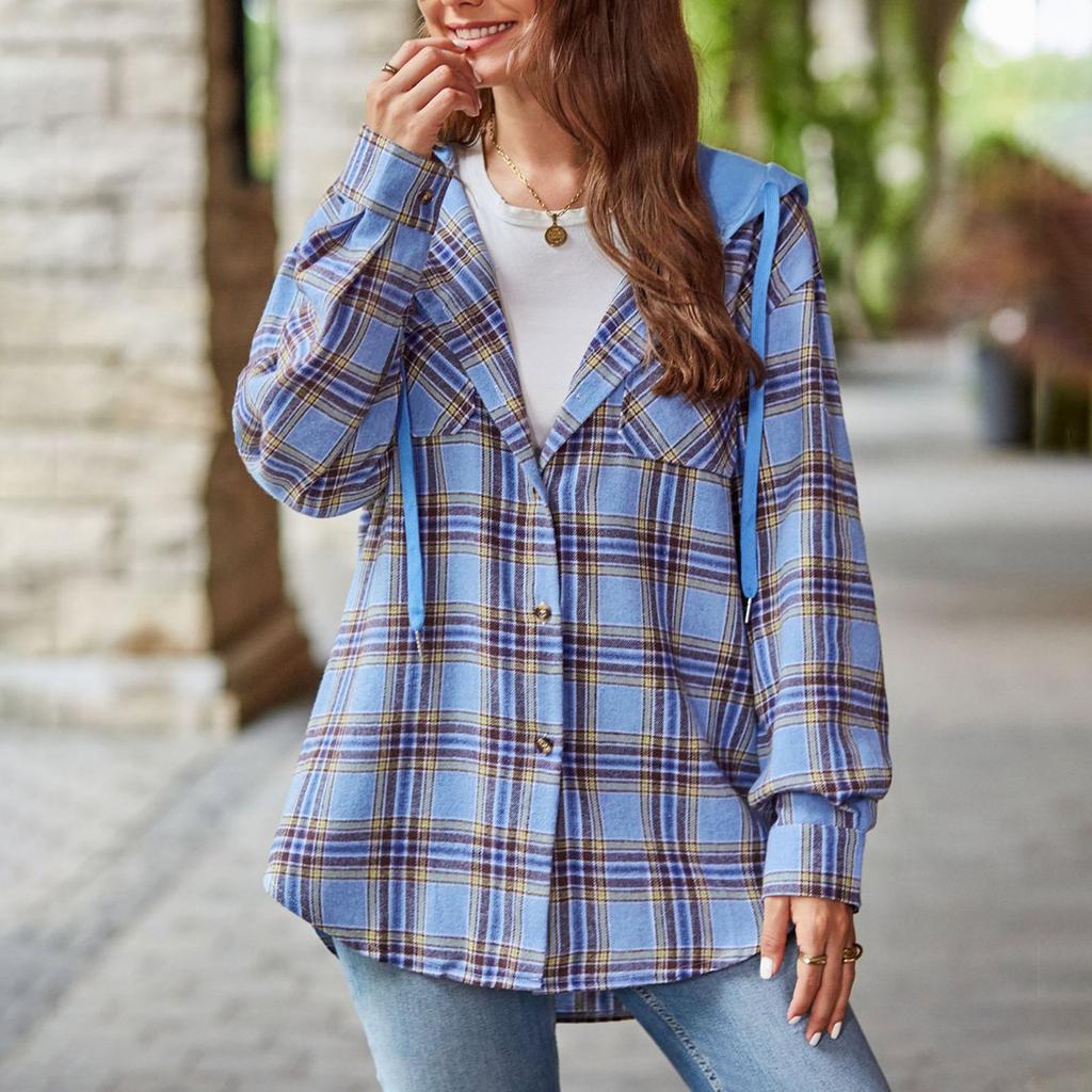 Куртка для женщин, рубашка с капюшоном и шнурком, рубашка с клетчатым принтом, куртка, пальто на пуговицах с длинными рукавами