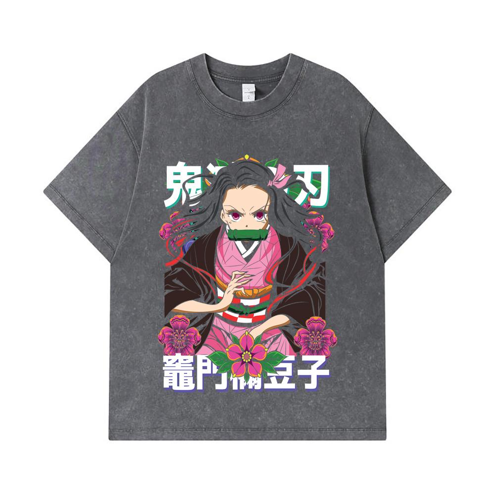 275 GSM Washed T-shirts 100% Cotton Demon Slayer V70 Nezuko Flower Print Unisex Heavy Cotton T Shirt
