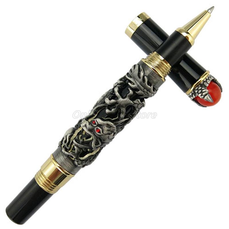 Jinhao Brilliant Metal Древний Серый Король Драконов Резьба Жемчуг Тиснение Роллерная Ручка Профессиональные Офисные Канцелярские Принадлежности для Письма