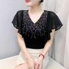 Summer European Women T-Shirt Clothes Sexy V-neck Luxury Hot Diamonds Tops Chic Female Short Sleeve All Match Tees
