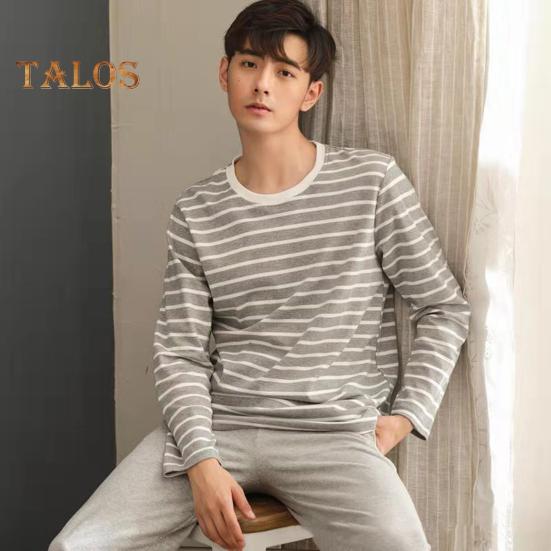 Комплект из 2 предметов: мужская пижама с круглым вырезом, длинными рукавами, полосатым принтом, топами и длинными брюками на эластичной талии, комплект домашней одежды для отдыха