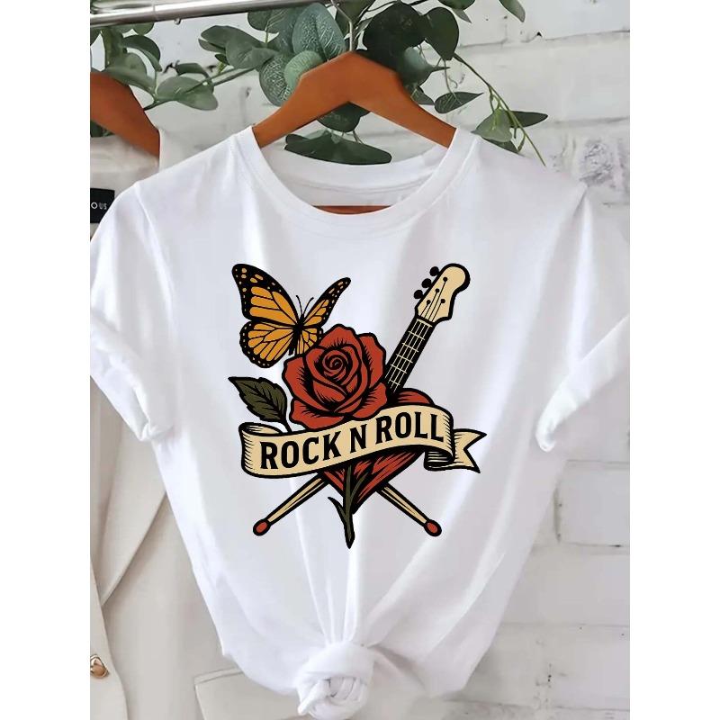 Европейские размеры Женская футболка большого размера "Rock N Roll" - Яркий дизайн с бабочкой и розой, Повседневная футболка с коротким рукавом и круглым вырезом