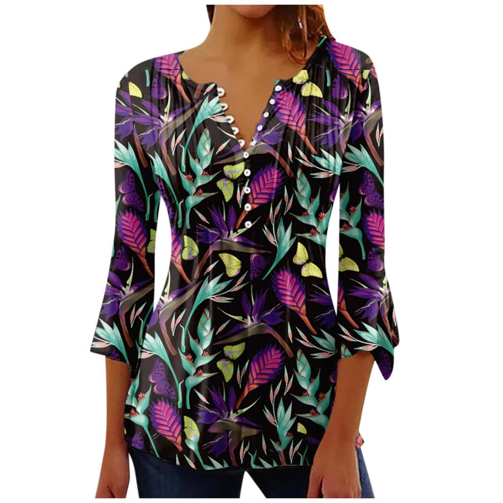 Топ на пуговицах для женщин, топы с цветочным принтом, повседневный топ с рукавом колокольчиком 3/4 и V-образным вырезом