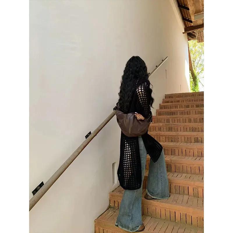 Летние платья-халатки осенние женские вязаные свитера платье женские ажурные сетчатые пуловеры прозрачные свободные топы с длинным рукавом