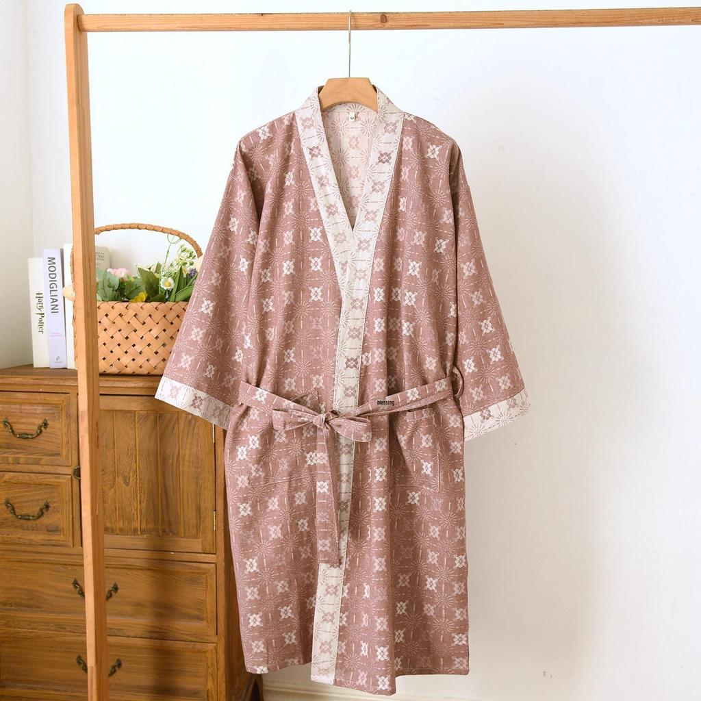 Женская юката из жаккардового хлопка в стиле ретро: Легкая ночная рубашка и пижама в стиле кимоно на весну/осень.