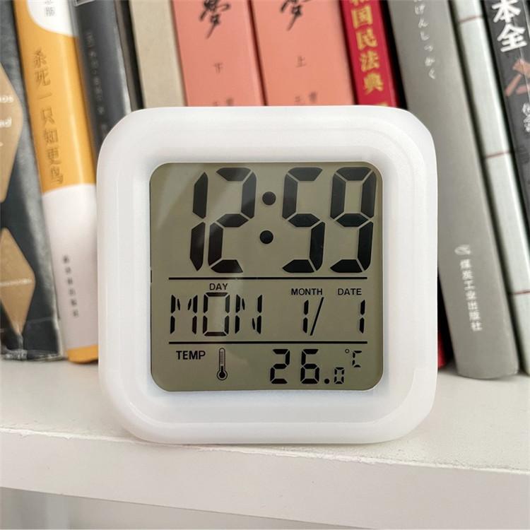 LED 7 Colors Mini Clock Smart Digital Alarm Table Clock with Thermometer Calendar Week Month Display