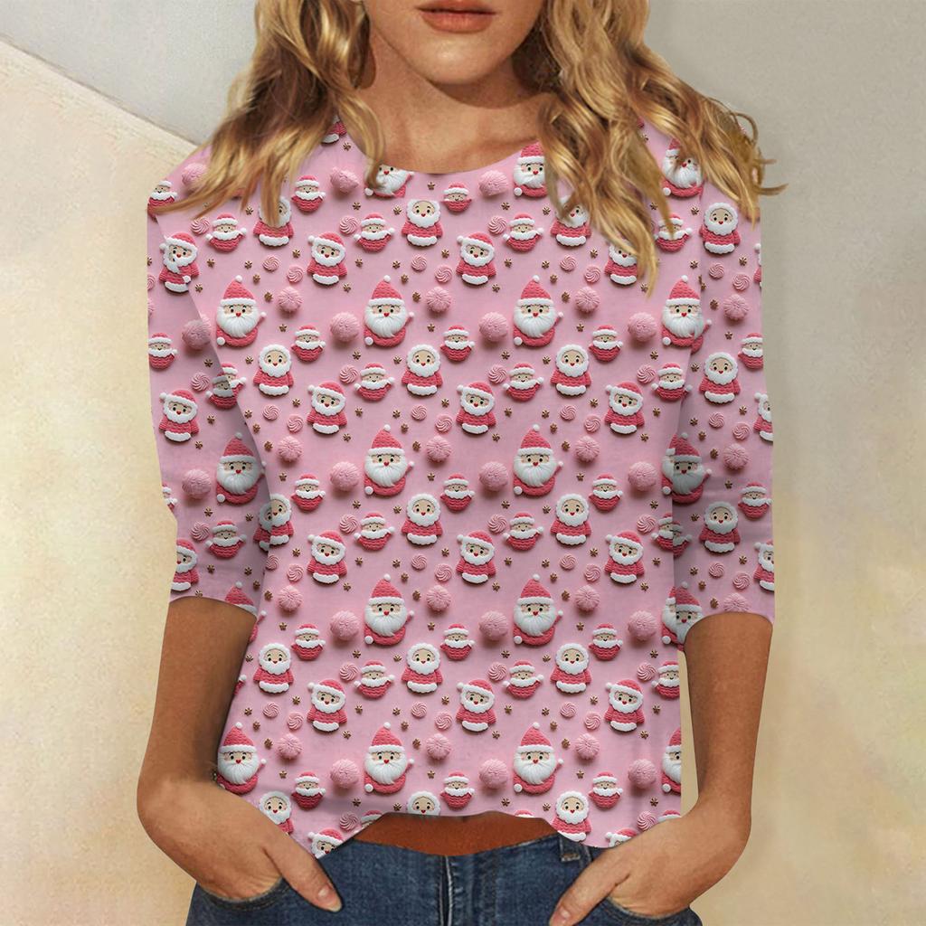 Женская модная повседневная футболка с рукавом три четверти и рождественским принтом, с круглым вырезом
