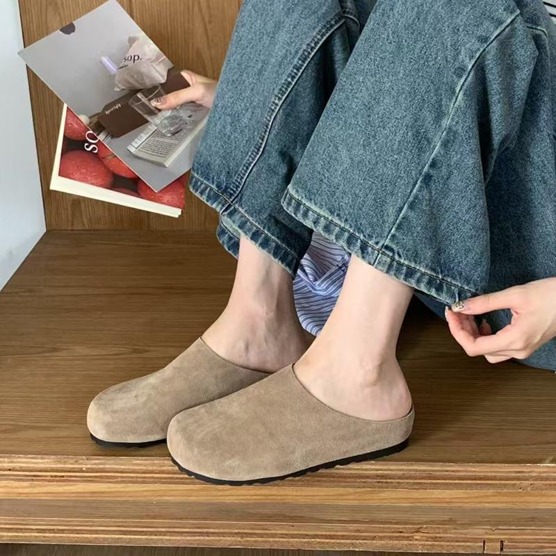 Модные женские мюли SUOJIALUN 2025 Осень на плоском каблуке, модные из натуральной кожи, с круглым носком, шлепанцы, мягкие повседневные сандалии-слайды