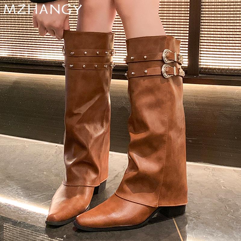 Остроносые женские высокие сапоги на среднем каблуке, кожаные туфли, женские, тренд 2024 года, массивные зимние сапоги, дизайнерские туфли-лодочки, женские готические сапоги-челси