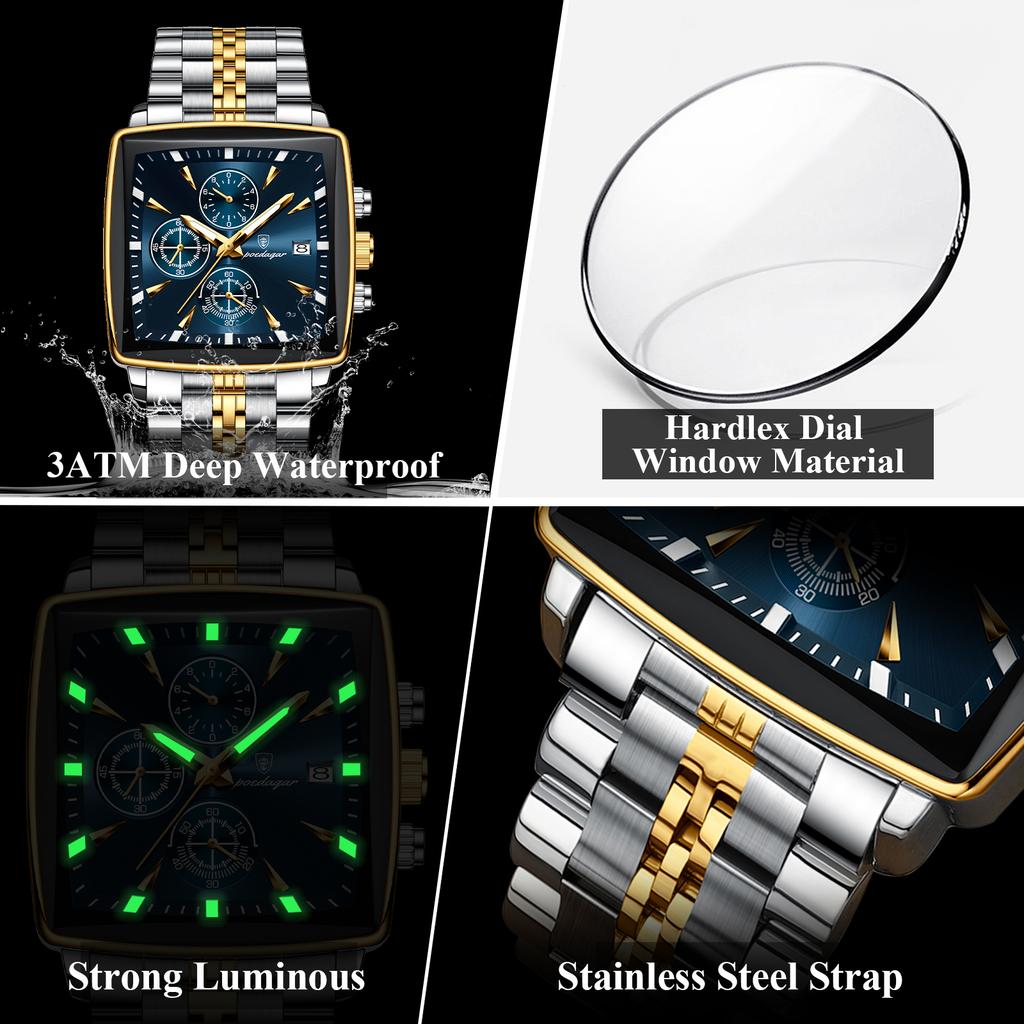 POEDAGAR Luxury Business Man Wristwatch Chronograph Waterproof Luminous Calendar Watch For Men Square Quartz Men's Watches