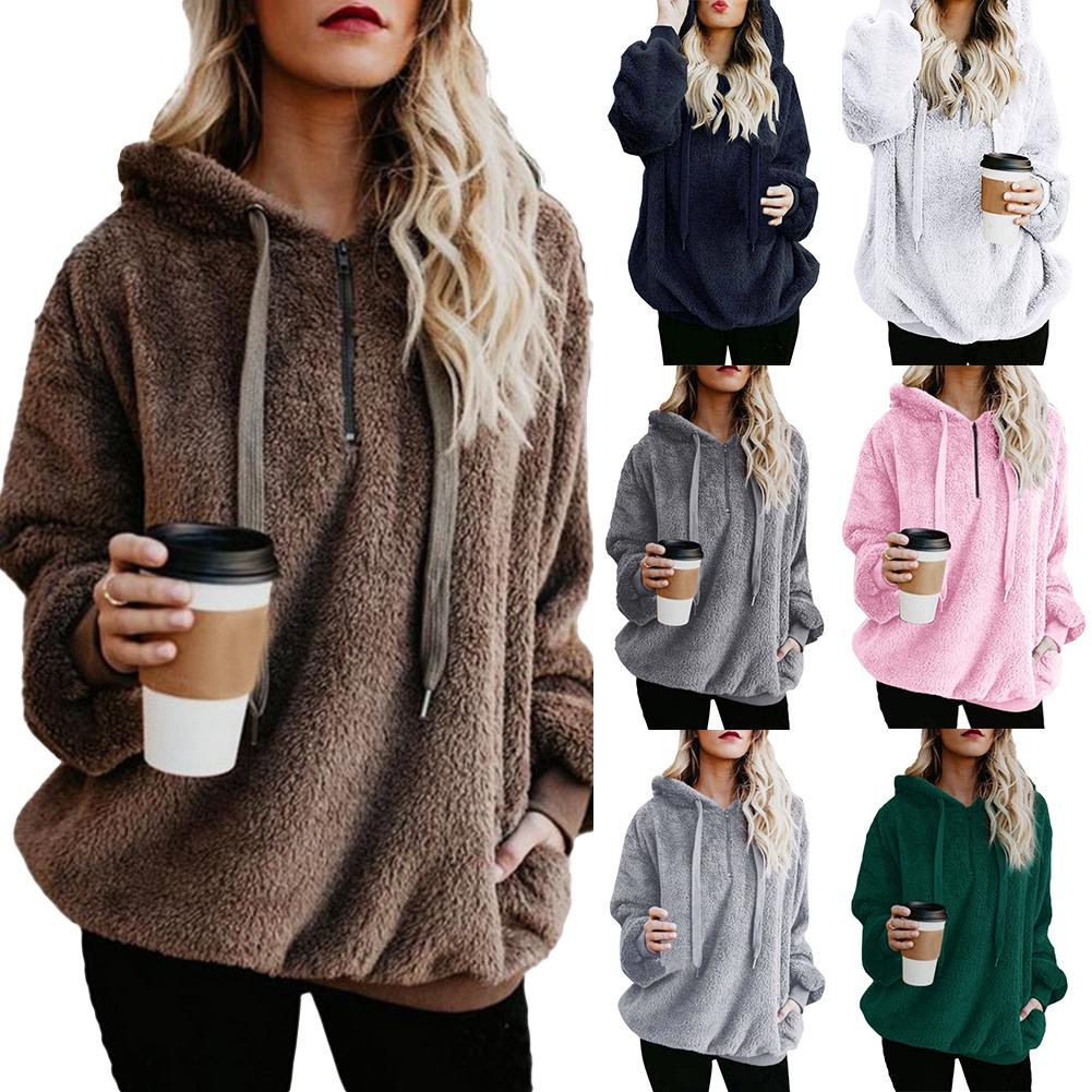 Winter Solid Thick Warm Long Color Women Hoodies Sleeve Zipper Hooded Sweatshirt