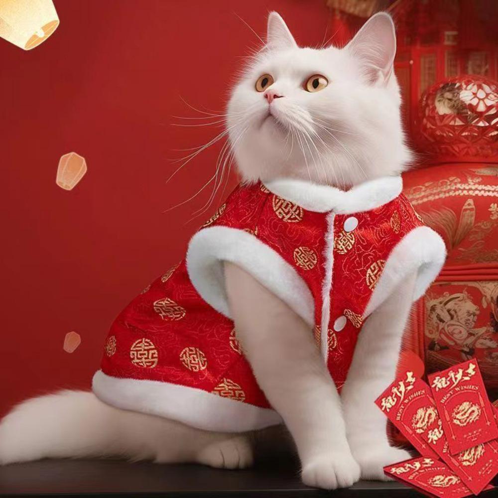 Fashion Chinese Style Cat Cotton Clothes Thickened Soft Dog Vest Coat Comfortable Warm Pet Tang Clothing New Year Celebration