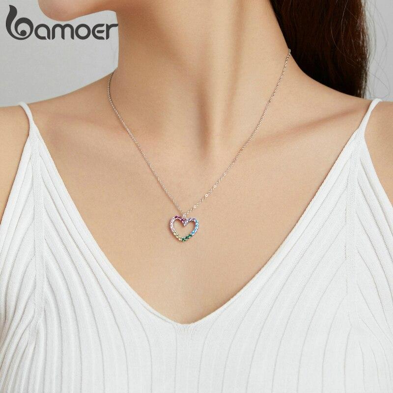 925 Sterling Silver Rainbow Colorful Heart Pattern Love Dazzling Zircon Necklace Chain Link For Women Jewelry Scn449