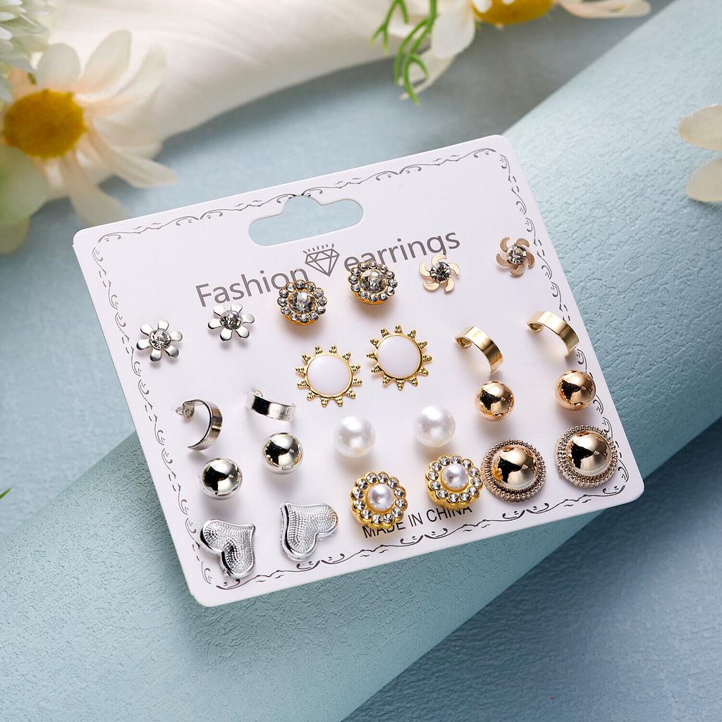 12 Pairs Earrings Set Stud Crystal Pearl Butterfly Flower Heart Women Jewelry