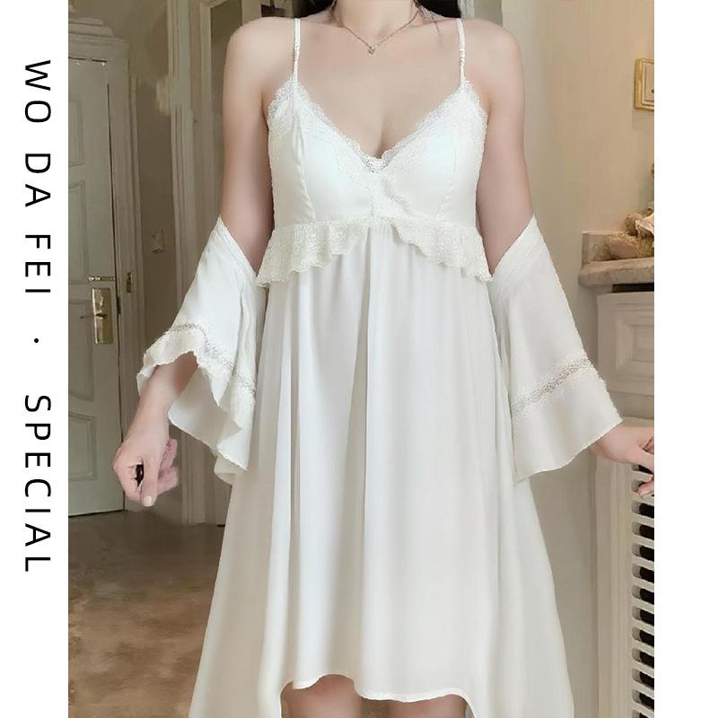 [Strict Selection] Acetate Lace Sexy Thin Natal Year Pajamas Women's French Pure Desire Wind Cool Medium and Long Pajamas