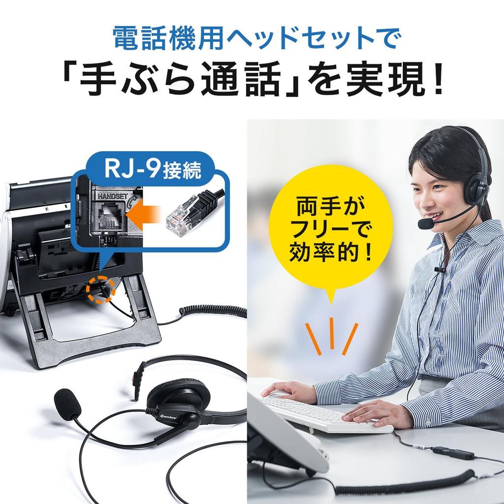 Sanwa Direct Telephone Headset with RJ-9 Connection, Noise-Canceling Microphone, 8-Channel Switching, Lightweight 102g (Single Ear), 400-HS043