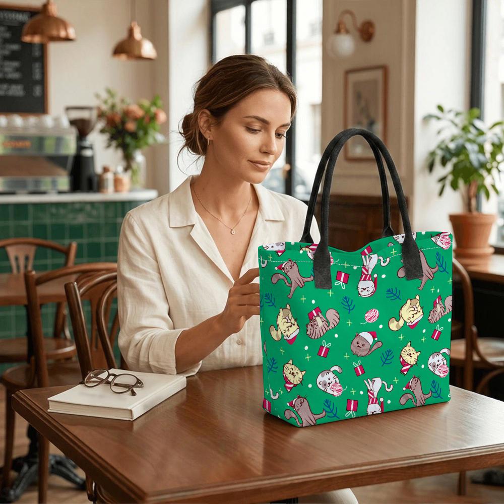 Christmas Cat Printed Tote Bag Cute Large Capacity Portable Casual Daily Carry Handbag for Women