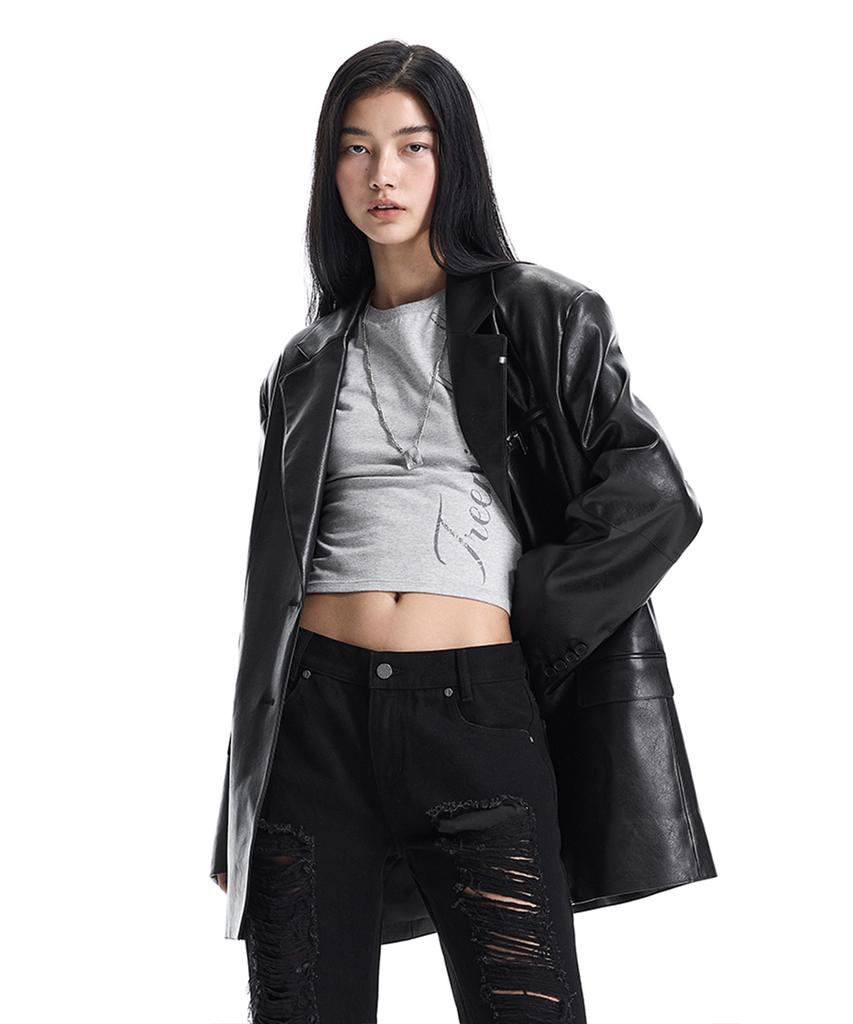 TREEMINGBIRD Metal-Ring Oversized Leather Jacket [ Black ]