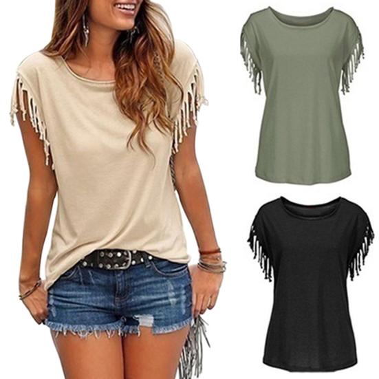 Летняя женская повседневная однотонная свободная футболка с круглым вырезом и коротким рукавом с кисточками, топ