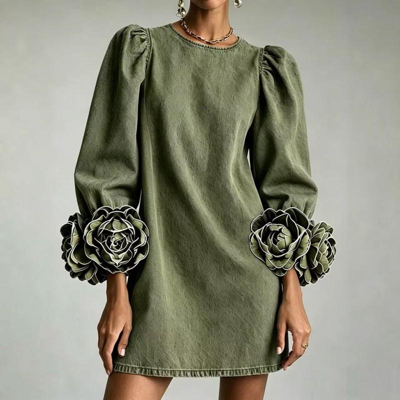 2026 Elegant Denim-Like Floral Long Sleeve A-Line Mini Dress Women