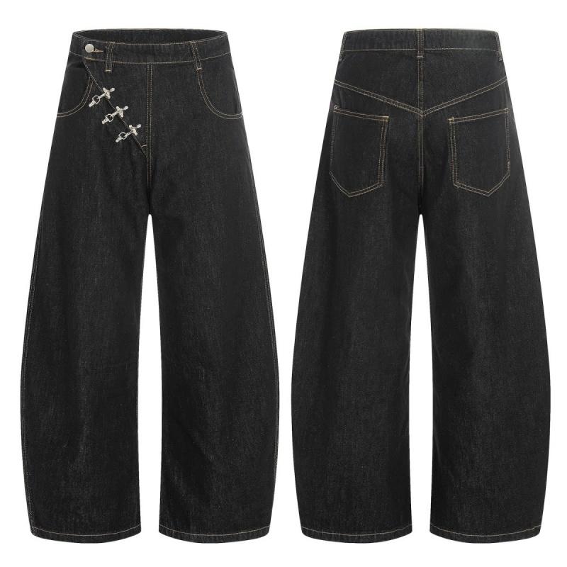 Irregular Button Fly Black Baggy Women's Jeans Pants for Woman Clothing Straight Cotton Loose Long Trousers