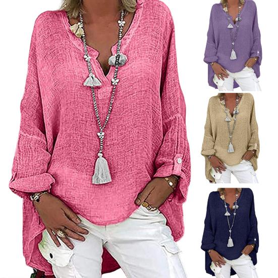 Женская рубашка с V-образным вырезом, длинным рукавом, средней длины, повседневные топы, однотонная свободная футболка из хлопка и льна, повседневная одежда
