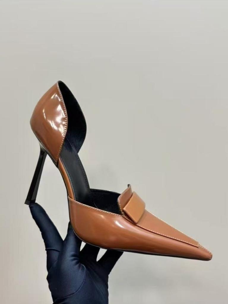 Fashion Hot Selling Spring 2025 New High Heels Women's Sexy Black Leather Small Square Buckle Side Empty Elegant Thin Heel Single Shoes