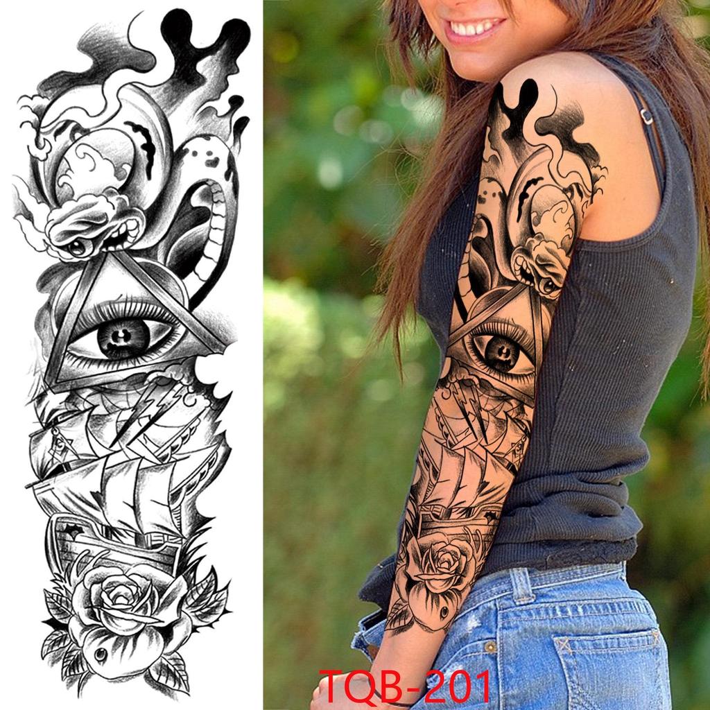 New 1 PC 480*170MM Super Large Compass Wolf Head Eye Fake Lion God Feather Temporary Tattoo Sleeves For Men Women Tattoo Full Arm Tattoo Sticker