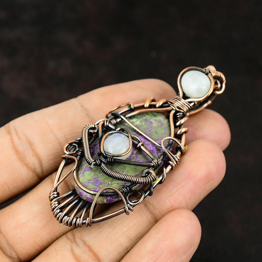 Подвеска из драгоценного камня пурпурит от сглаза, обернутая в медь, подвеска ручной работы, подвеска из радужного лунного камня, ювелирные изделия от сглаза, подарок для нее, медные украшения