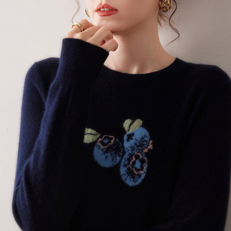 Women's Blueberry Jacquard Pure Cashmere Round Neck Pullover Sweater - Long Sleeve Autumn/Winter Knit Base Layer
