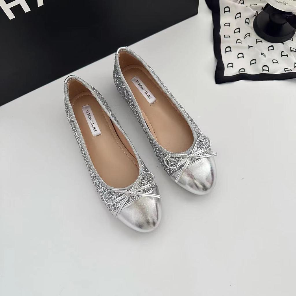 Овчина~ Маленькое увеличение внутренней высоты 3 см балетки на плоской подошве женственность пайетки сочетание цветов бант туфли-бини