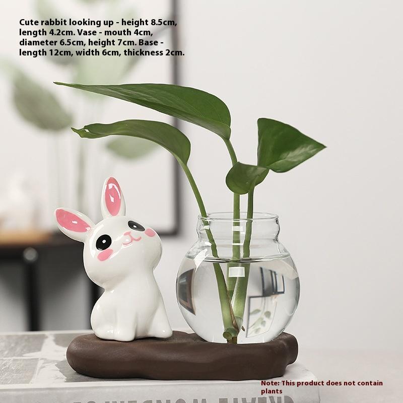 [PLUM]Cute Rabbit Hydroponic Plant Vases Transparent Glass Vase Tabletop Decoration Aquatic Flower Bottle With Wooden Base.;