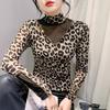 Splicing Long-sleeved Leopard Print T-shirt Women's Semi-turtleneck Bottoming Shirt Winter Foreign Style Top