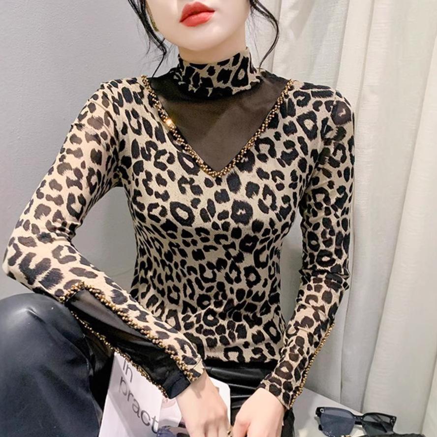 Splicing Long-sleeved Leopard Print T-shirt Women's Semi-turtleneck Bottoming Shirt Winter Foreign Style Top
