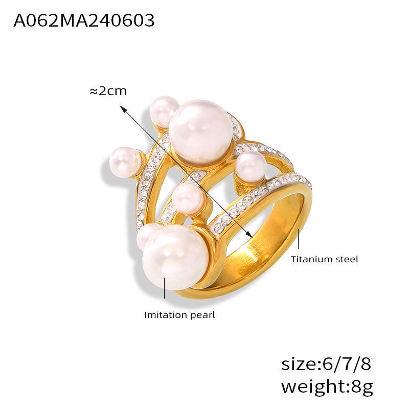 Элегантное кольцо в корейском стиле с жемчугом и бриллиантами - титановая сталь с покрытием из 18-каратного золота