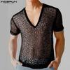 Summer Men V Neck Short Sleeve Mesh Sheer Hollow Out Casual Beach T-shirts
