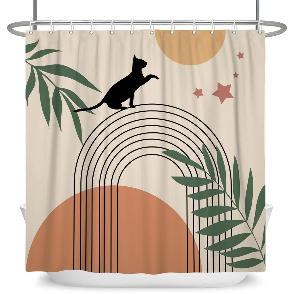 Abstract Mid Century Shower Curtain Arch Sun Moon Minimalist Geometric Curve Stripes Fabric Christmas Landscape Bth Curtain Hook