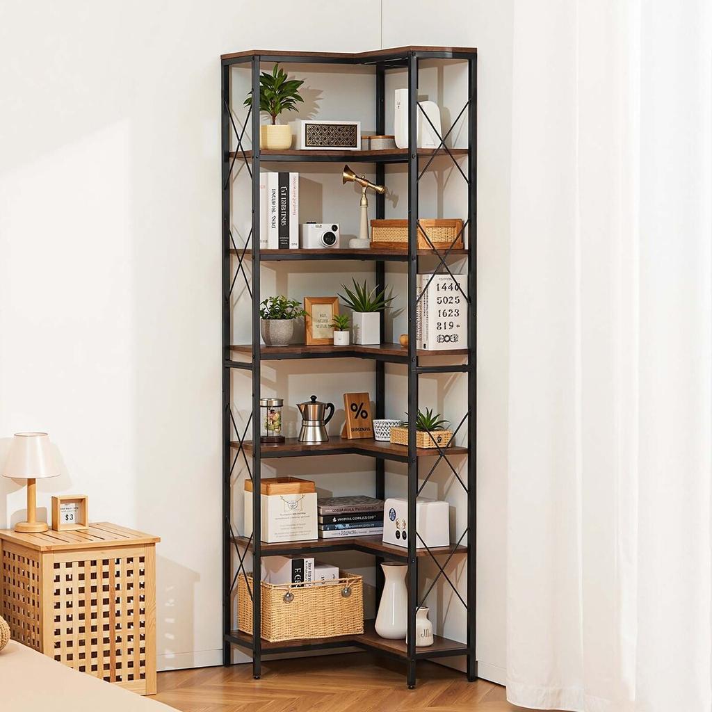 7 Tier Corner Bookshelf, Tall Corner Bookcase Strage, Large L-Shaped Bookshelf Organizer with Metal Frame & Wooden Shelves, Reversible Display Book